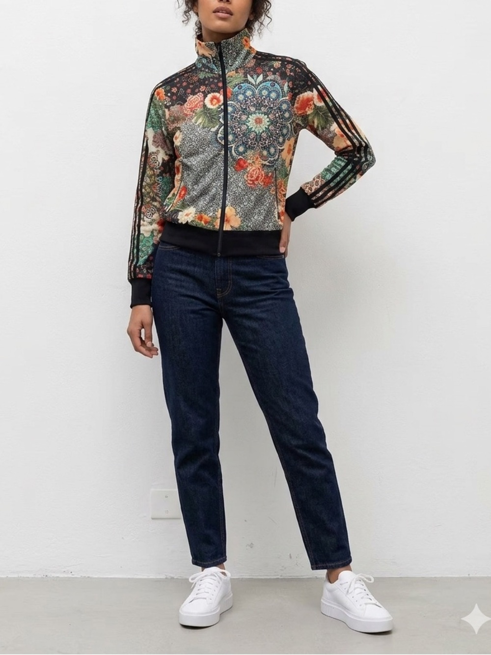 adidas Multicolor Floral Mosaic Bomber Jacket - Black, Green, Orange, Cream - Picture 1 of 11
